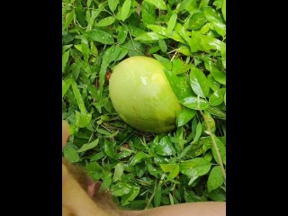 Girl pissing on the coconut in the jungle grass