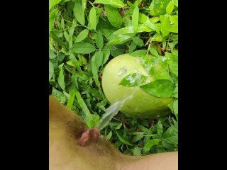 Girl pissing on the coconut in the jungle grass