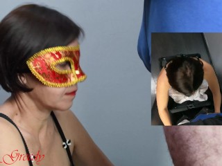 MILF with a red mask sucks her husbands big cock and takes a huge facial to taste the cum