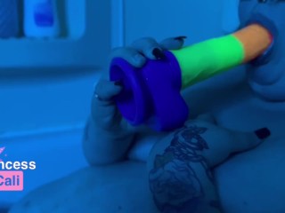 *HUGE DILDO* Blow Job - while BUSTY STEP MOM takes bubble bath