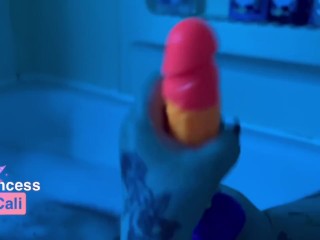 *HUGE DILDO* Blow Job - while BUSTY STEP MOM takes bubble bath