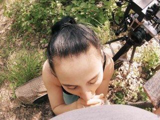 Black Lynn Sucks me and Swallows my Cum - Outdoor Blowjob Filming Backstage - POV