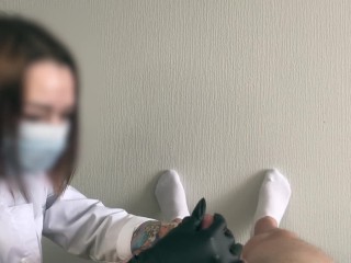 medical exam of a flaccid uncut cock POV