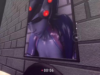 Widowmaker from Overwatch stuck in the wall hole and she be fucked from behind