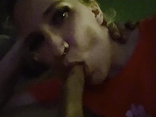 Pierced face cock teasing slut sucking me on the couch