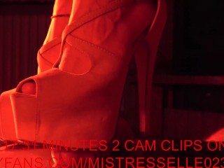 Mistress Elle in suede pep toe high heels crush cock under red light