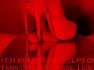 Mistress Elle in suede pep toe high heels crush cock under red light