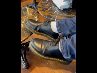 Quick Shoeplay in the coffee shop with white sock and DMs