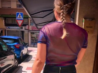 Walking Braless in a Sheer purple top