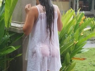 NO PANTIES fetish# PUBLIC without panties n transparent wet dress # Public flashing among bungalows