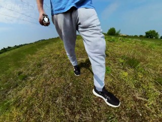 Freeballing walk in nature with a massive sweatpants bulge