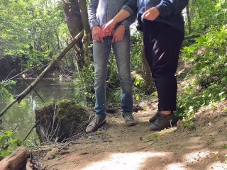 Mutual pissing in nature of son-in-law and his sexy mother-in-law