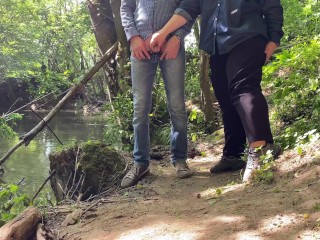 Mutual pissing in nature of son-in-law and his sexy mother-in-law