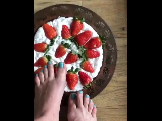 Cream and strawberries …. I have a fetish for smashing food between my toes. It feels so good.