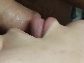 CLOSE UP:  blowjob with cum on lips and tongue