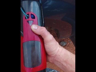 Out in the wilderness with my automatic pocket pussy suction cupped to my vehicle.