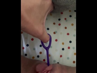 Pushing out toys from hairy pussy