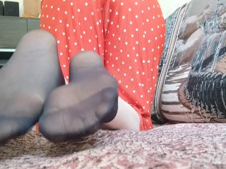 POV: your horny stepsister shows you her new little black nylon socks - footfetish