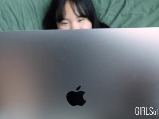 Fingering a cute Asian teen while she's trying to concentrate on her homework - Baebi Hel