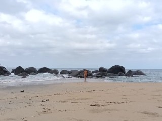 Having naked fun at a non nudist beach. Exchibisionist pure nudism. Great cum shot
