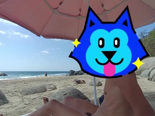 Having naked fun at a non nudist beach. Exchibisionist pure nudism. Great cum shot