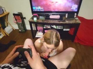 Sucking his hard dick until he cums while he plays video games