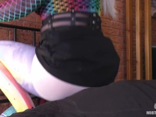 Mistress sitting and bouncing with her big nylon ass on slave face