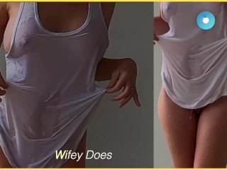 Hot wife gets fully wet braless in a white shirt