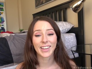 Blue eyed hottie does accents while fucked then gets a big a facial