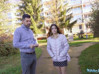 Public Agent Tight Spanish babe gives blowjob and fuck behind husbands back