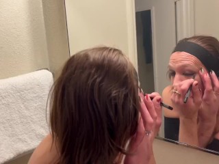 Behind the scenes, creeping on a prostitute applying her makeup getting ready to fuck in cheap hotel
