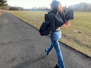 She pee through pants and flashing in a public park