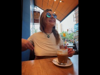 Enjoying my coffee while wearing an Underboob top, flashing everyone in public.