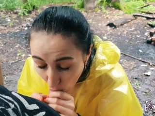 Brunette Girl in Yellow Raincoat Sucks Cock Outdoors