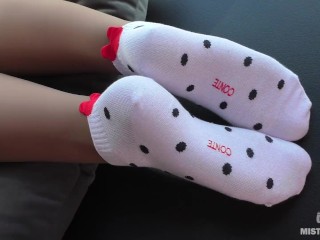 Goddess feet and soles in ankle polka dots socks over sheer pantyhose