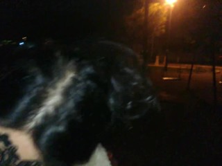 Leather jacket public blowjob