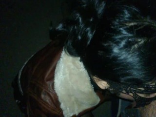 Leather jacket public blowjob