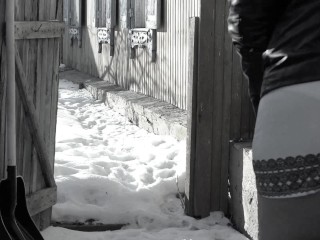 Standing piss pushing back panties mature bbw milf in the yard of an abandoned house.