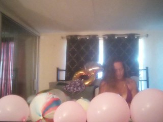 Balloon Popping Milf Gets Horny While Popping Balloons and Gets Naked and Plays Around
