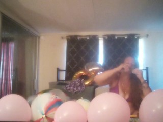 Balloon Popping Milf Gets Horny While Popping Balloons and Gets Naked and Plays Around