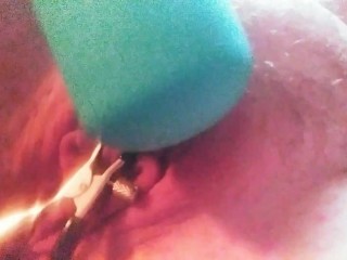 Clit clamped massage wand play