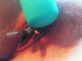 Clit clamped massage wand play