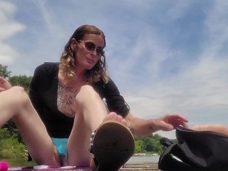 Stepmom MILF, decided to test my nerve with a little public play at the lake.