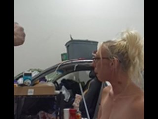 Wind blows in Hot little  blonde in need through shop doors! She sucks and fucks me to show pt1