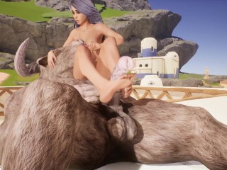 Girl Jessie jerks off with tender legs a huge furry cock of a centaur monster