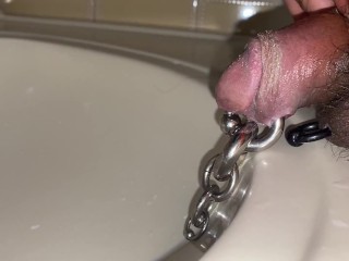 Pre cum dripping from pierced cock after piss