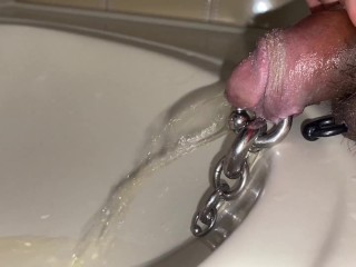 Pre cum dripping from pierced cock after piss