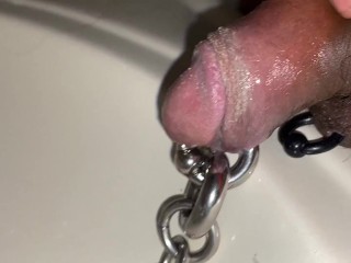 Pre cum dripping from pierced cock after piss