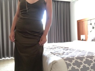 A beautiful girl in a long dress poses, undresses showing her figure, and then cum from masturbation