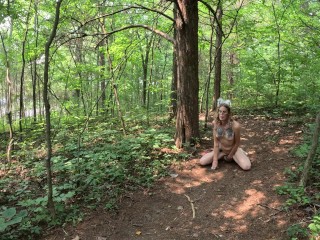 Public, MILF- Solo wolf cosplay in the woods by busy highway